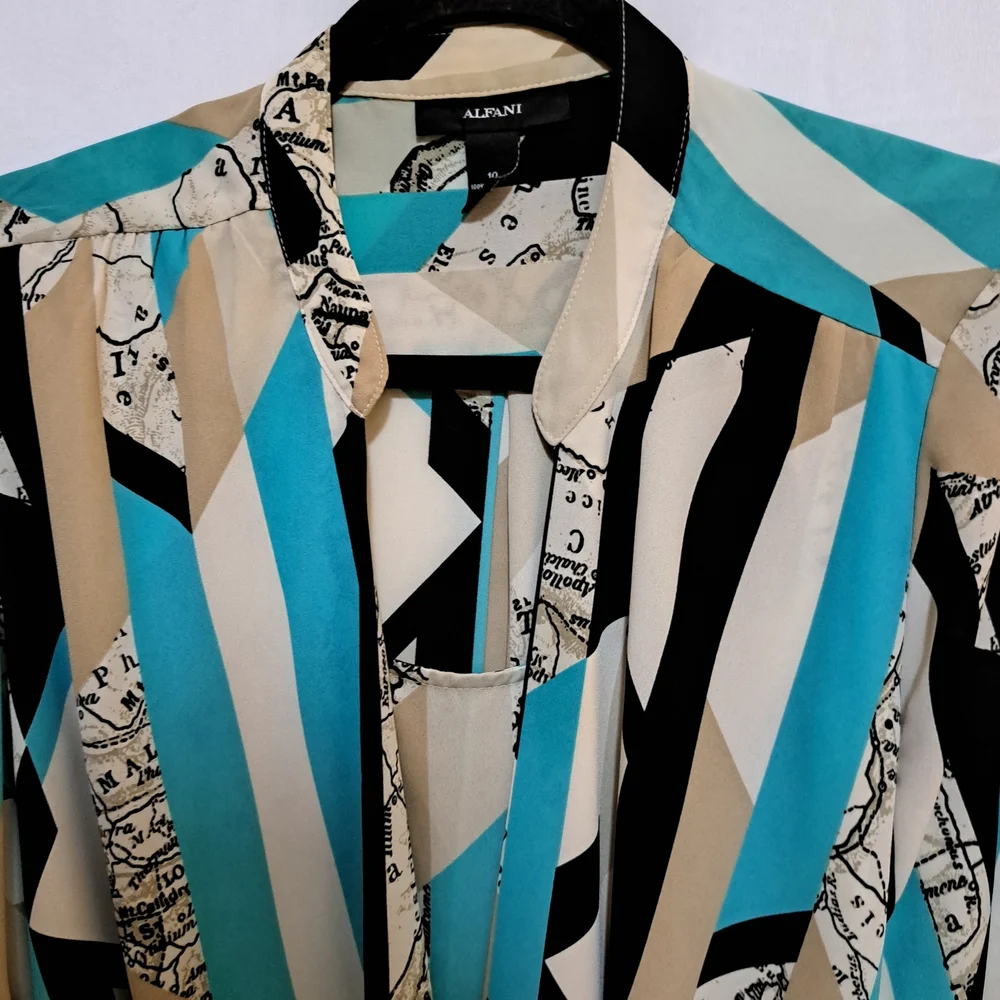 Alfani Womens Geometric Print Blouse Turquoise Black Tan Split Neck Top Sz 10 - Picture 3 of 7